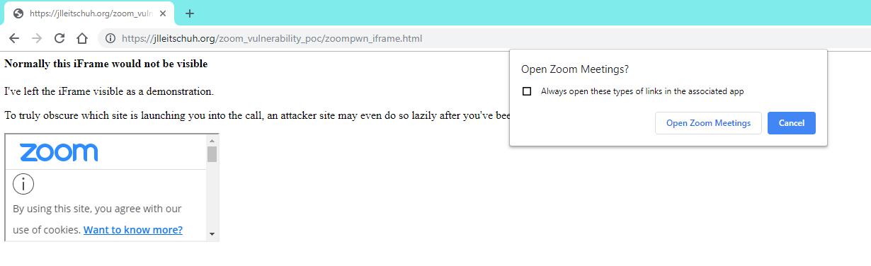 Google chrome browser asking whether to open Zoom link in Zoom client